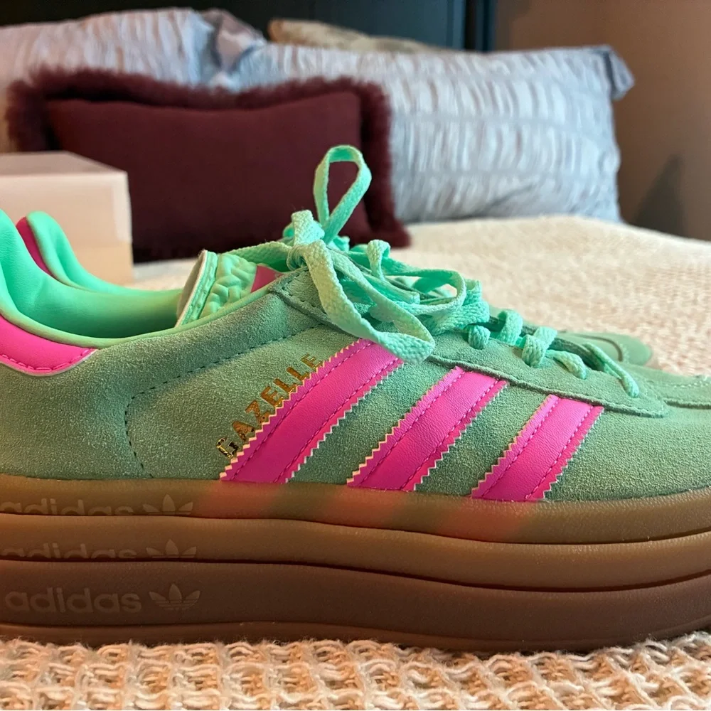 adidas mint green suede sneakers with pink stripes and gum platform